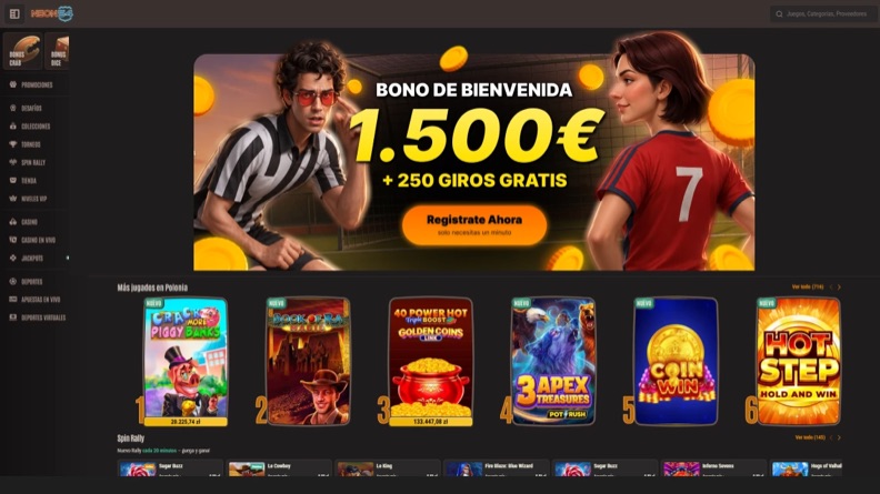 Portada de un casino en línea abierta en el navegador: la promoción de bienvenida ocupa el ancho de la pantalla y debajo empieza la rejilla de juegos